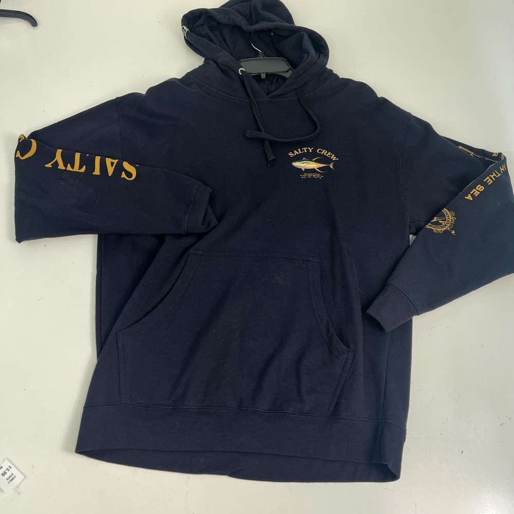 Salty Crew Hoodie Mens Large Navy Tuna Fish Graphic Pullover Fleece Sweatshirt